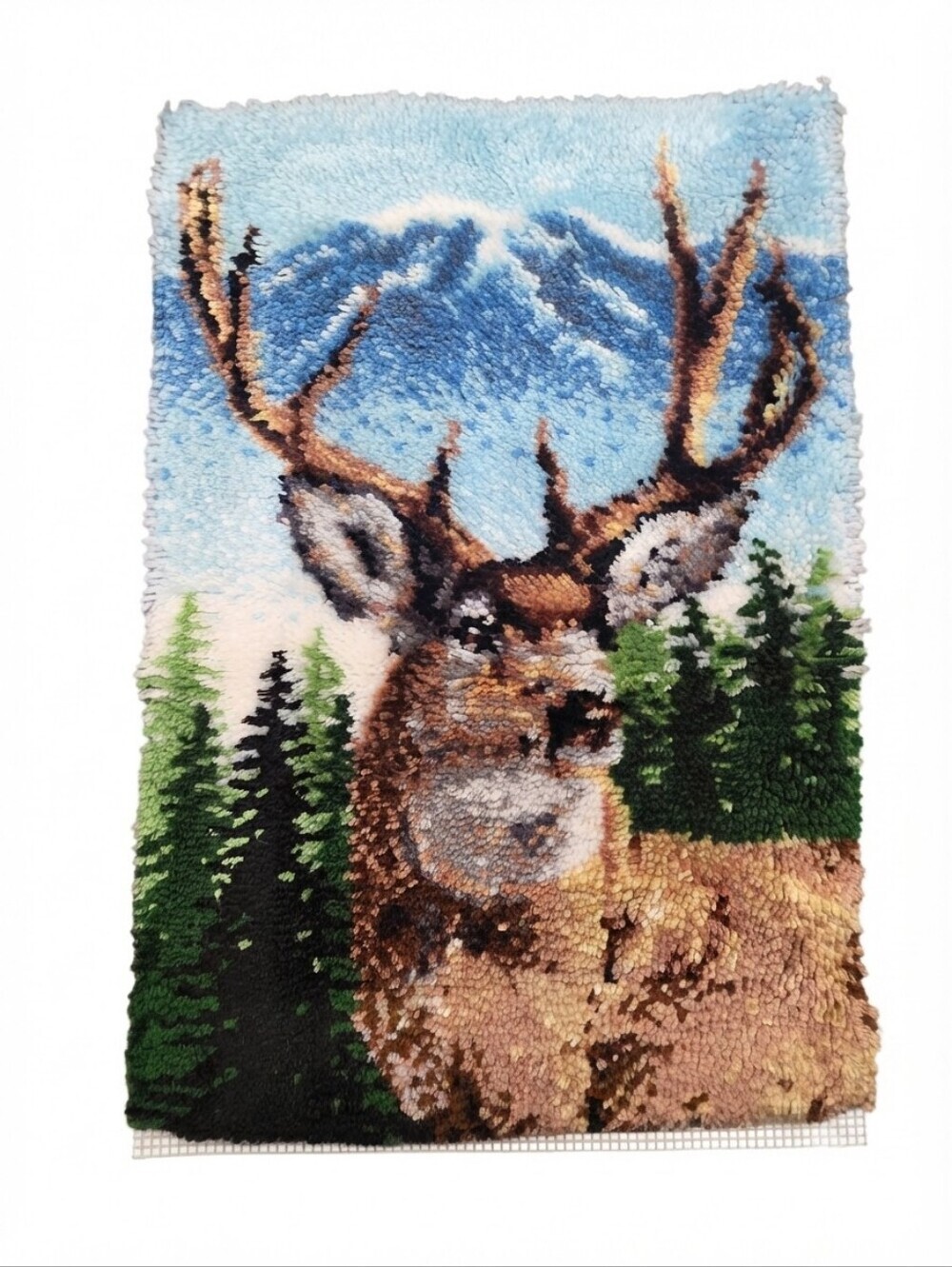 Vintage Handmade 10-Point Buck Stag Deer Latch Hook Rug Wall Hanging Cabin Decor